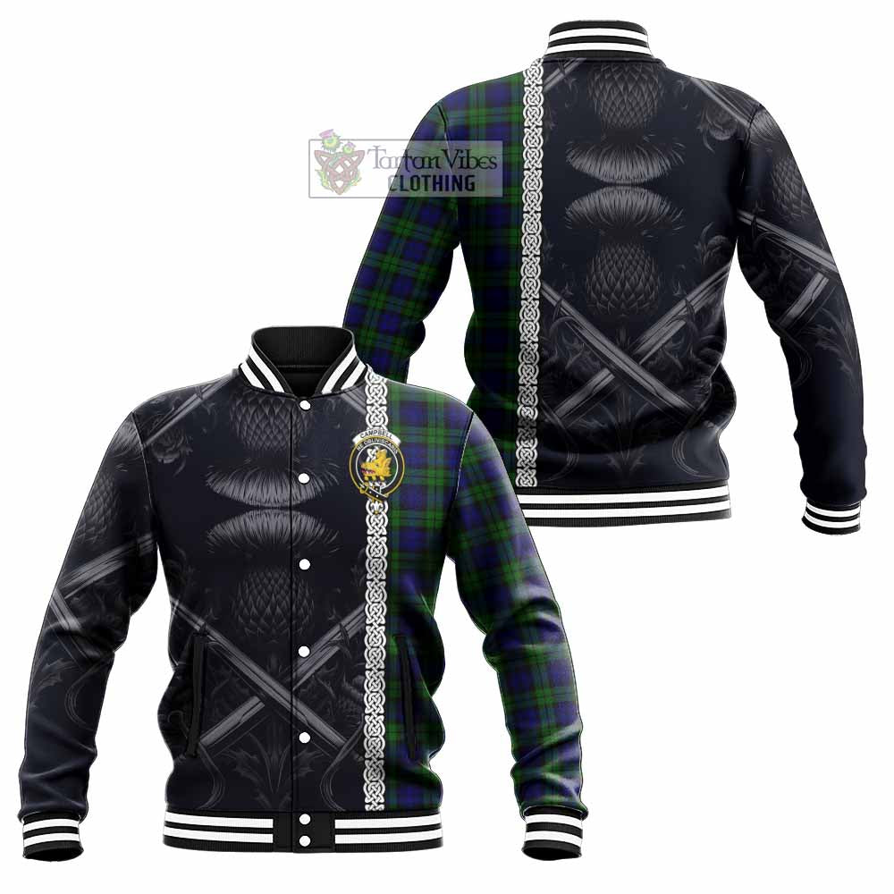 Tartan Vibes Clothing Campbell Tartan Baseball Jacket with Family Crest Cross Sword Thistle Celtic Vibes