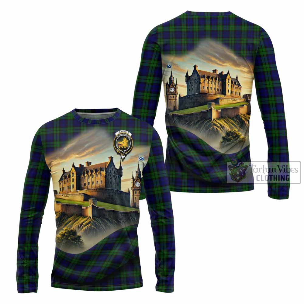 Tartan Vibes Clothing Campbell Tartan Family Crest Long Sleeve T-Shirt with Scottish Ancient Castle Style