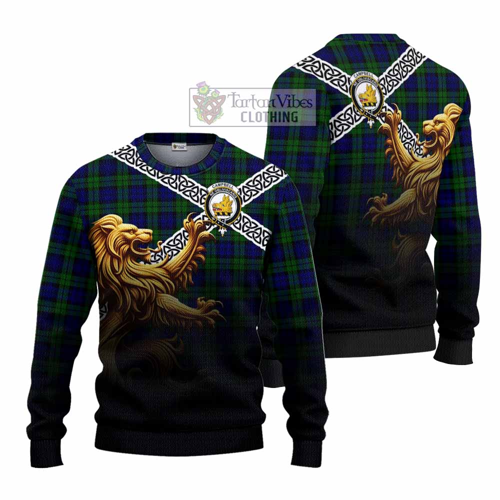 Tartan Vibes Clothing Campbell Crest Tartan Knitted Sweater with Golden Lion Emblem Celtic Style