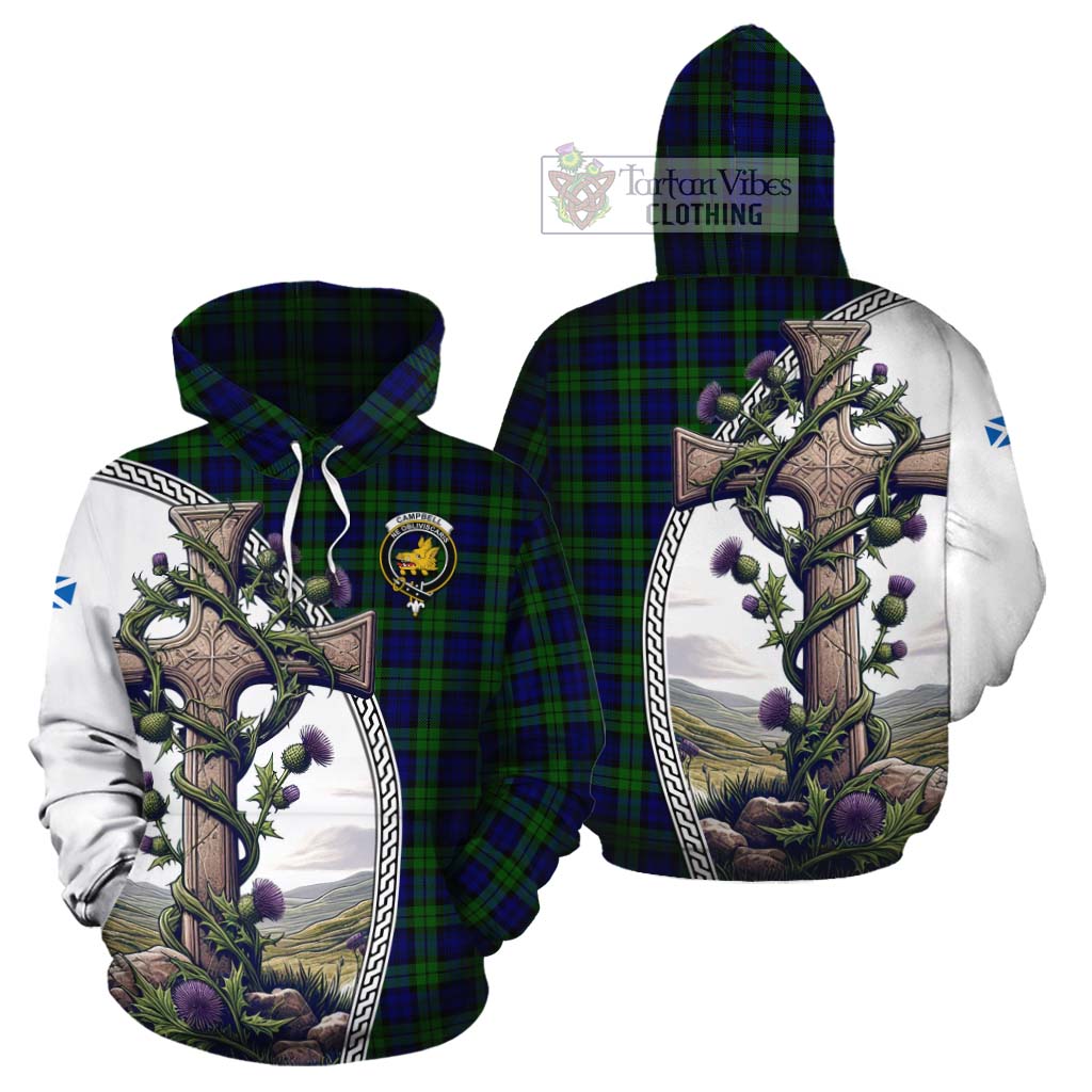 Tartan Vibes Clothing Campbell Tartan Cotton Hoodie with Family Crest and St. Andrew's Cross Accented by Thistle Vines