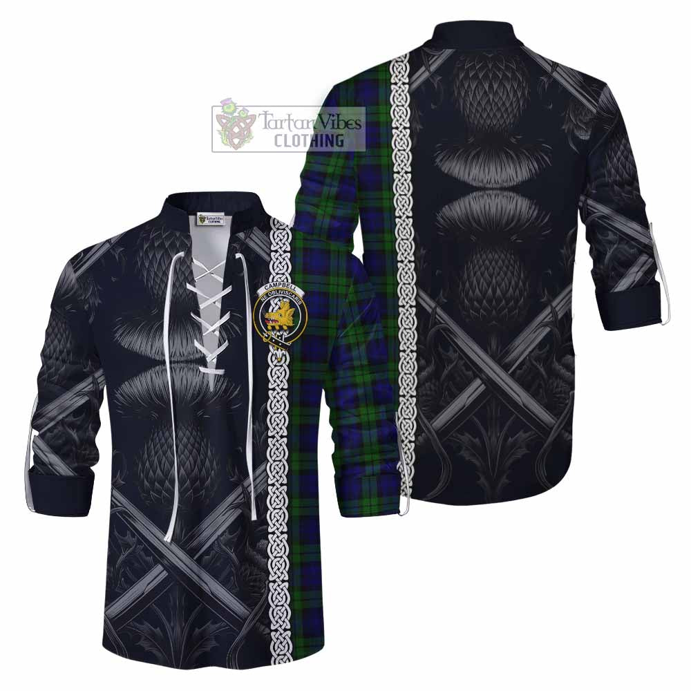 Tartan Vibes Clothing Campbell Tartan Ghillie Kilt Shirt with Family Crest Cross Sword Thistle Celtic Vibes