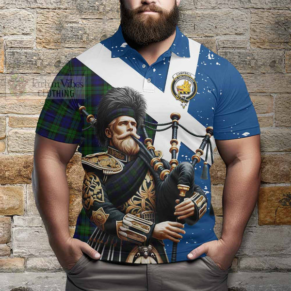 Campbell Tartan Polo Shirt with Family Crest Scottish Bagpiper Vibes