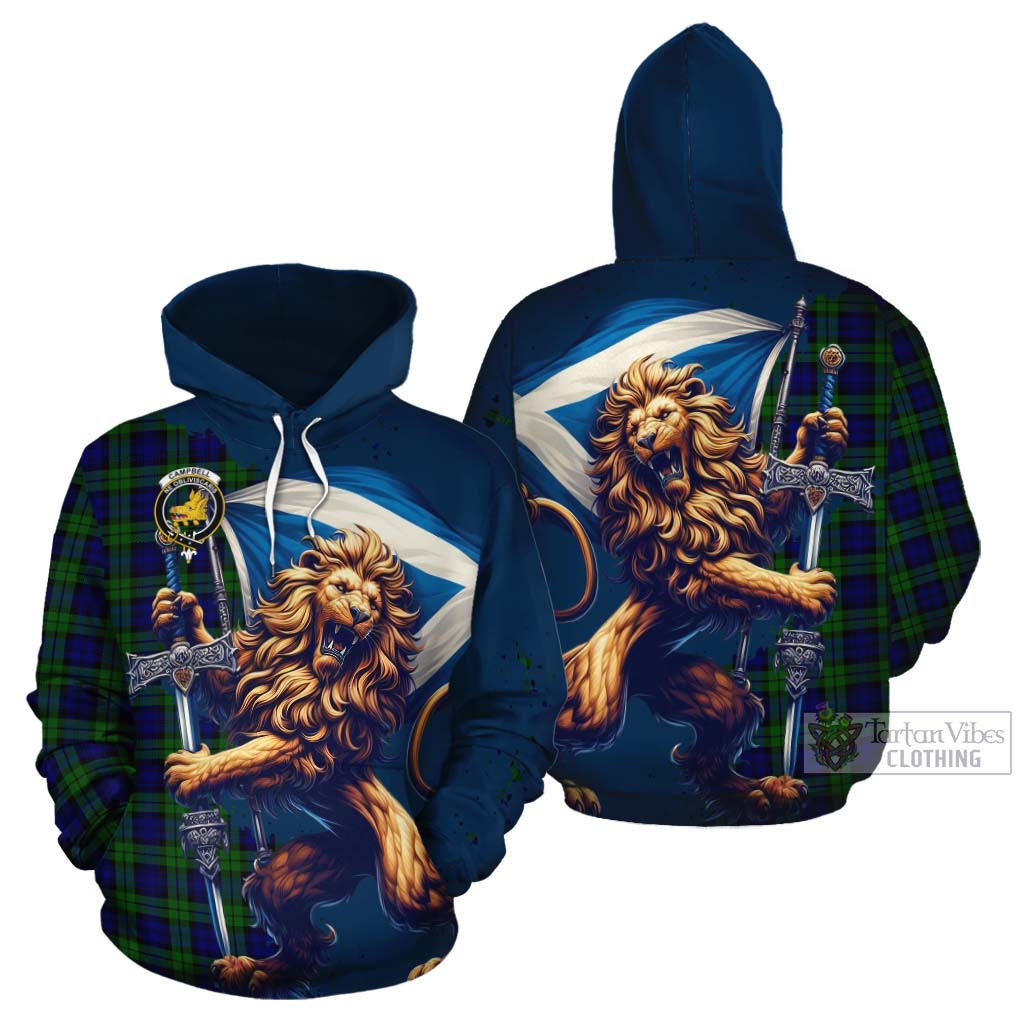 Tartan Vibes Clothing Campbell Tartan Family Crest Cotton Hoodie with Scottish Majestic Lion