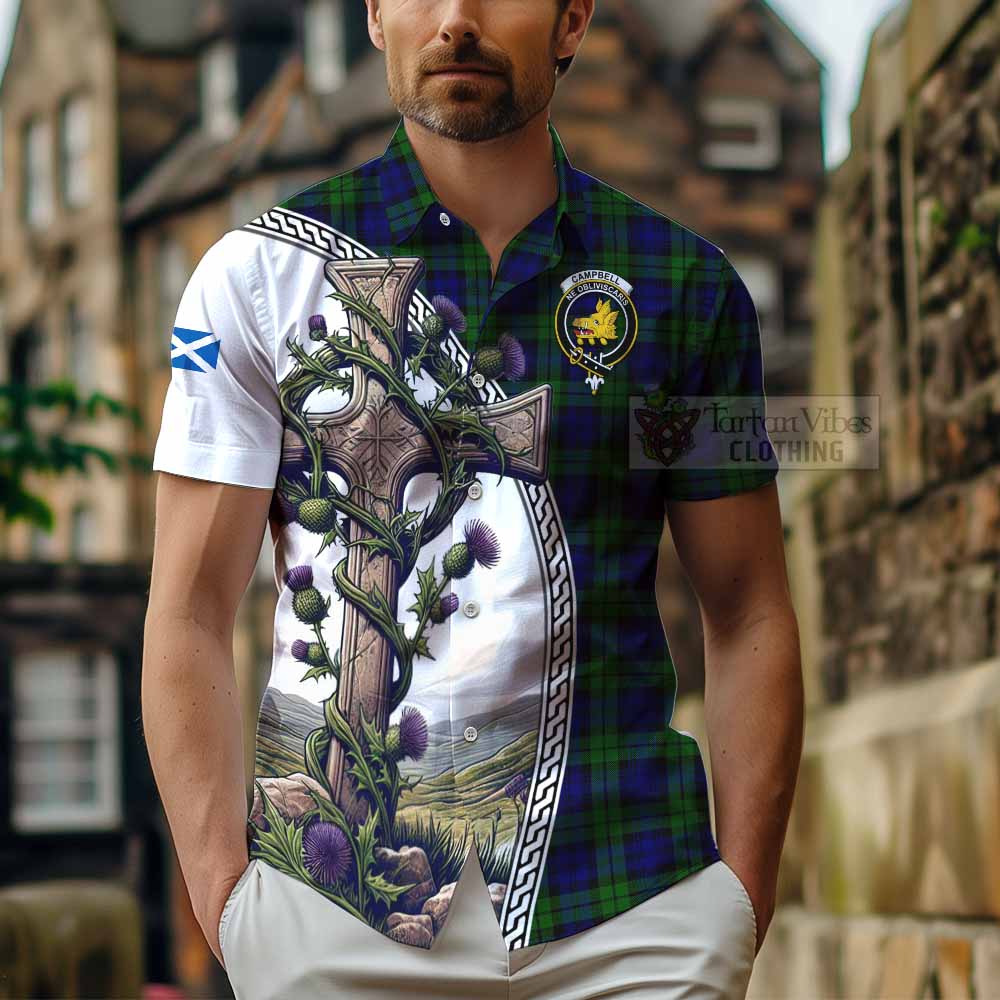 Tartan Vibes Clothing Campbell Tartan Short Sleeve Button Shirt with Family Crest and St. Andrew's Cross Accented by Thistle Vines