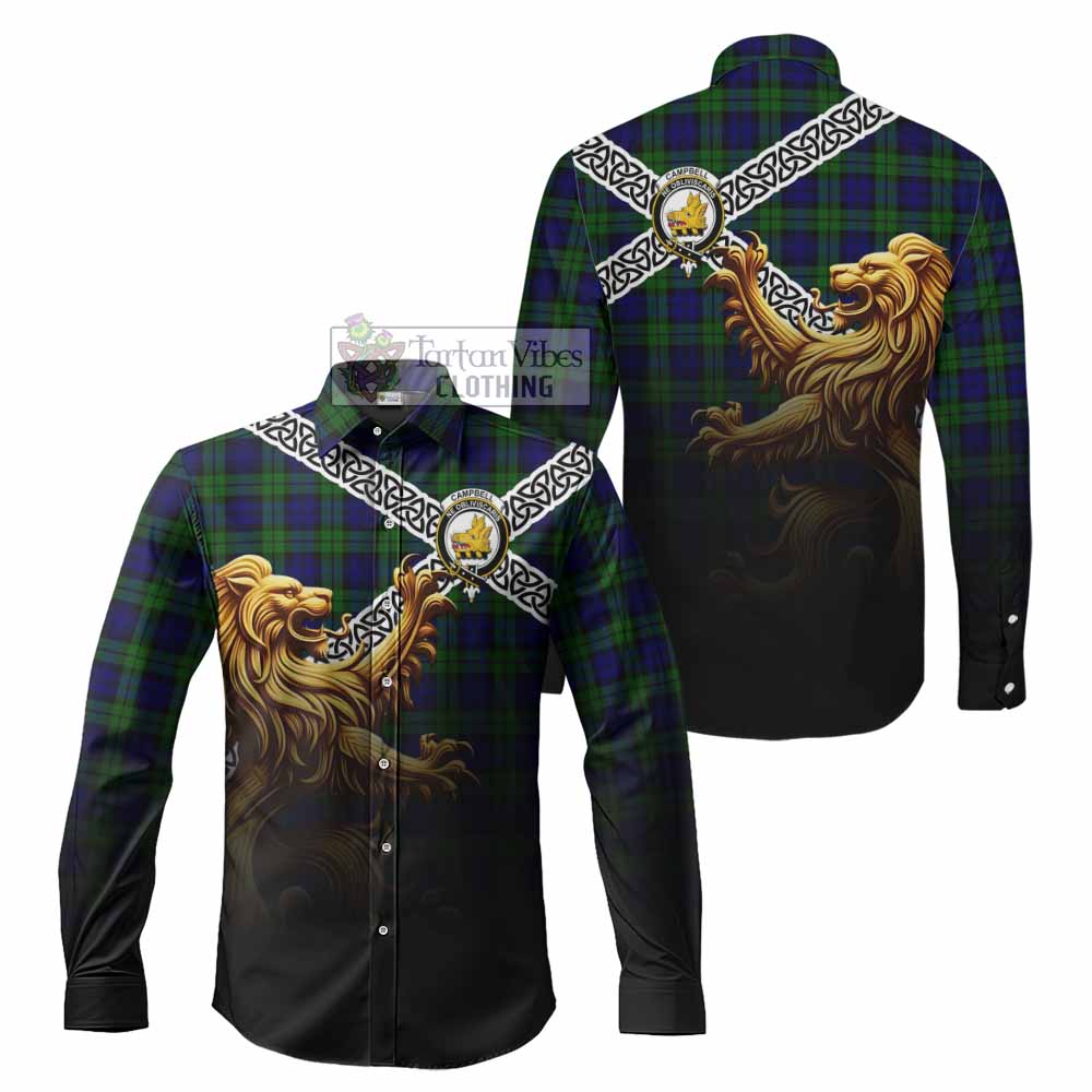 Campbell Crest Tartan Long Sleeve Button Shirt with Golden Lion Emblem Celtic Style - Tartan Vibes Clothing