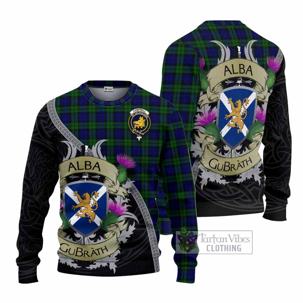 Tartan Vibes Clothing Campbell Tartan Family Crest Knitted Sweater Lion Rampant Royal Thistle Shield Celtic Inspired