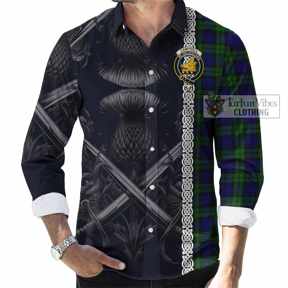 Tartan Vibes Clothing Campbell Tartan Long Sleeve Button Shirt with Family Crest Cross Sword Thistle Celtic Vibes
