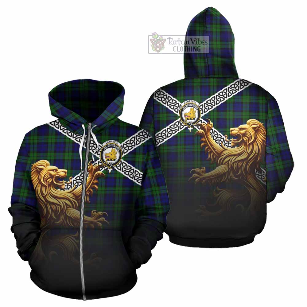 Campbell Crest Tartan Hoodie with Golden Lion Emblem Celtic Style Zip Hoodie - Tartan Vibes Clothing