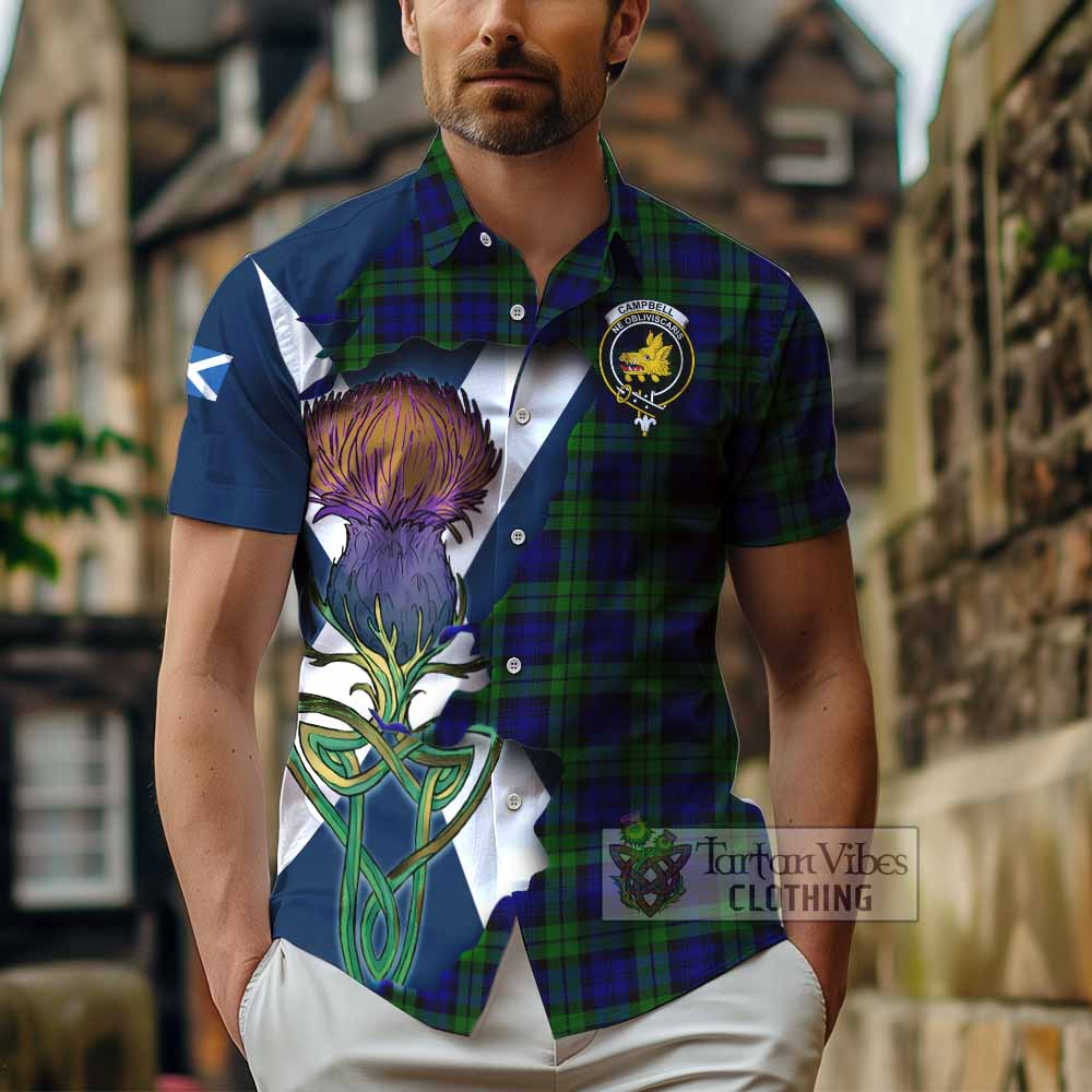 Tartan Vibes Clothing Campbell Tartan Family Crest Short Sleeve Button Shirt Scottish Thistle Celtic Inspired