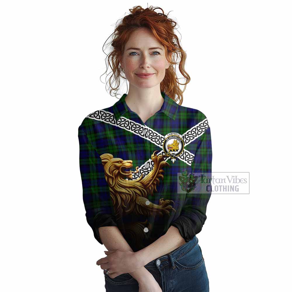 Tartan Vibes Clothing Campbell Crest Tartan Women's Casual Shirt with Golden Lion Emblem Celtic Style