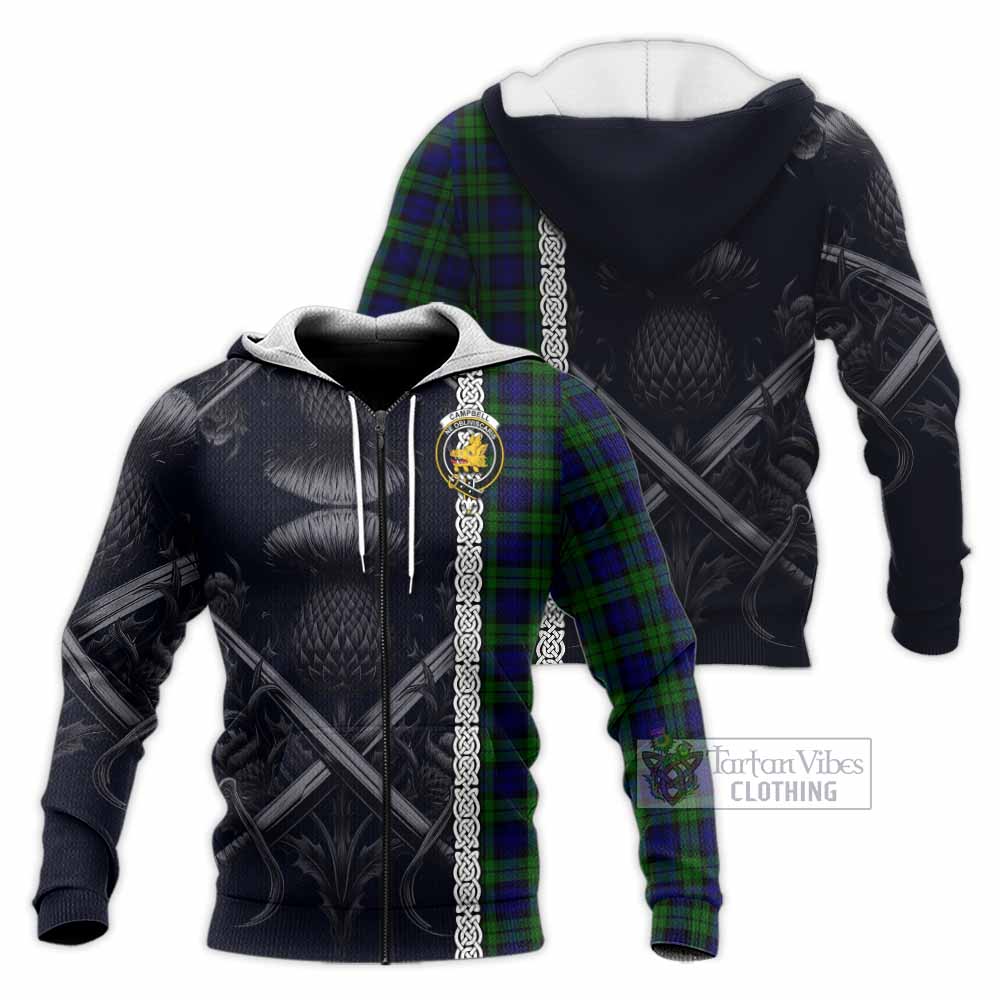 Tartan Vibes Clothing Campbell Tartan Knitted Hoodie with Family Crest Cross Sword Thistle Celtic Vibes