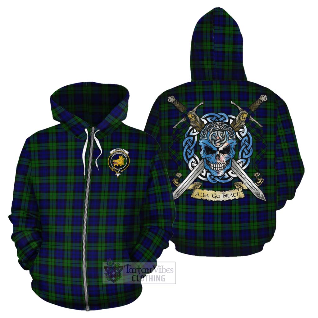 Tartan Vibes Clothing Campbell Tartan Cotton Hoodie with Family Crest Celtic Skull Style