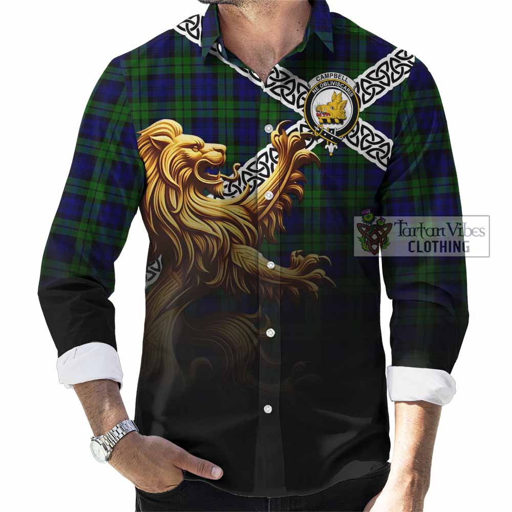 Campbell Crest Tartan Long Sleeve Button Shirt with Golden Lion Emblem Celtic Style - Tartan Vibes Clothing