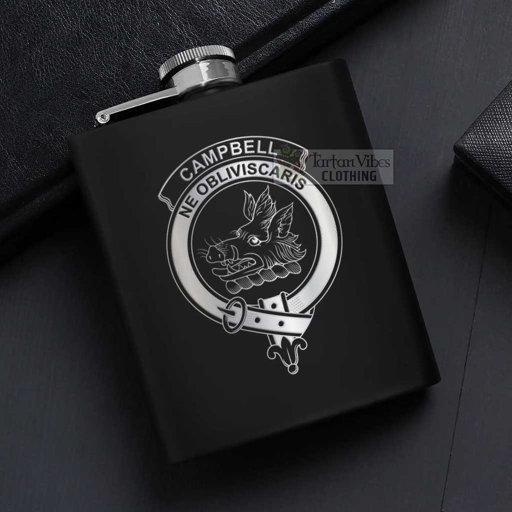Tartan Vibes Clothing Campbell Crest Hip Flask Set 7oz Black Stainless Steel with A Gift Box