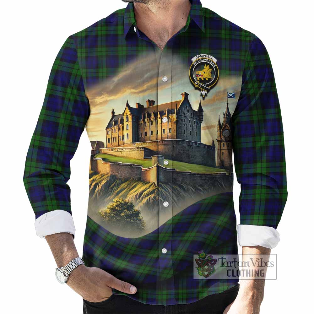 Tartan Vibes Clothing Campbell Tartan Family Crest Long Sleeve Button Shirt with Scottish Ancient Castle Style