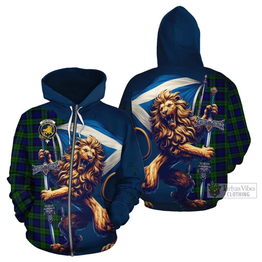 Tartan Vibes Clothing Campbell Tartan Family Crest Cotton Hoodie with Scottish Majestic Lion