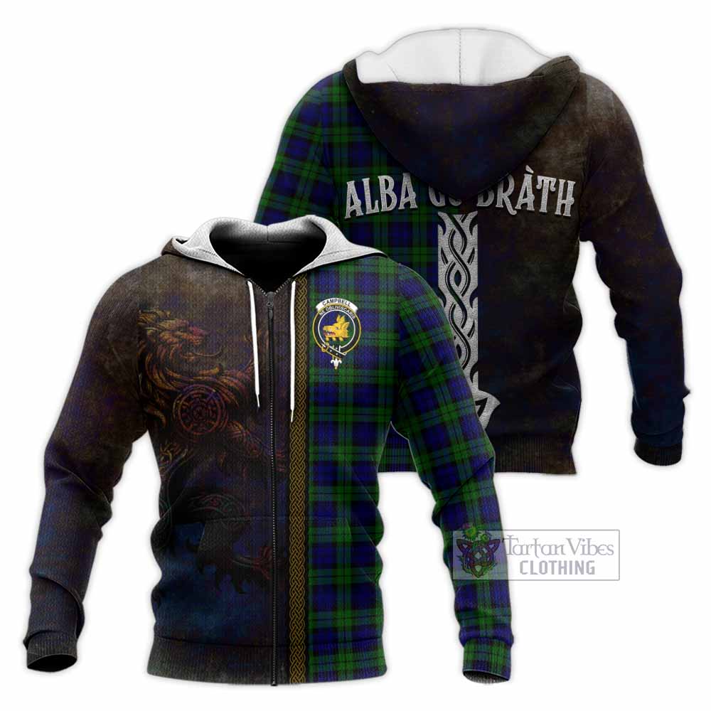 Tartan Vibes Clothing Campbell Tartan Family Crest Knitted Hoodie Alba Gu Brath Be Brave Lion Ancient Style