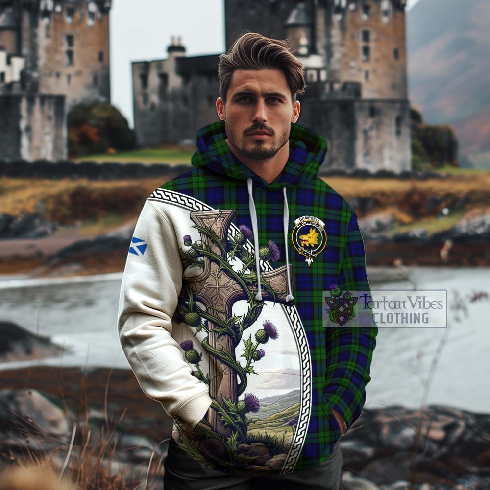 Tartan Vibes Clothing Campbell Tartan Cotton Hoodie with Family Crest and St. Andrew's Cross Accented by Thistle Vines