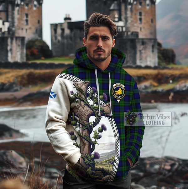 Campbell Tartan Cotton Hoodie with Family Crest and St. Andrew's Cross Accented by Thistle Vines