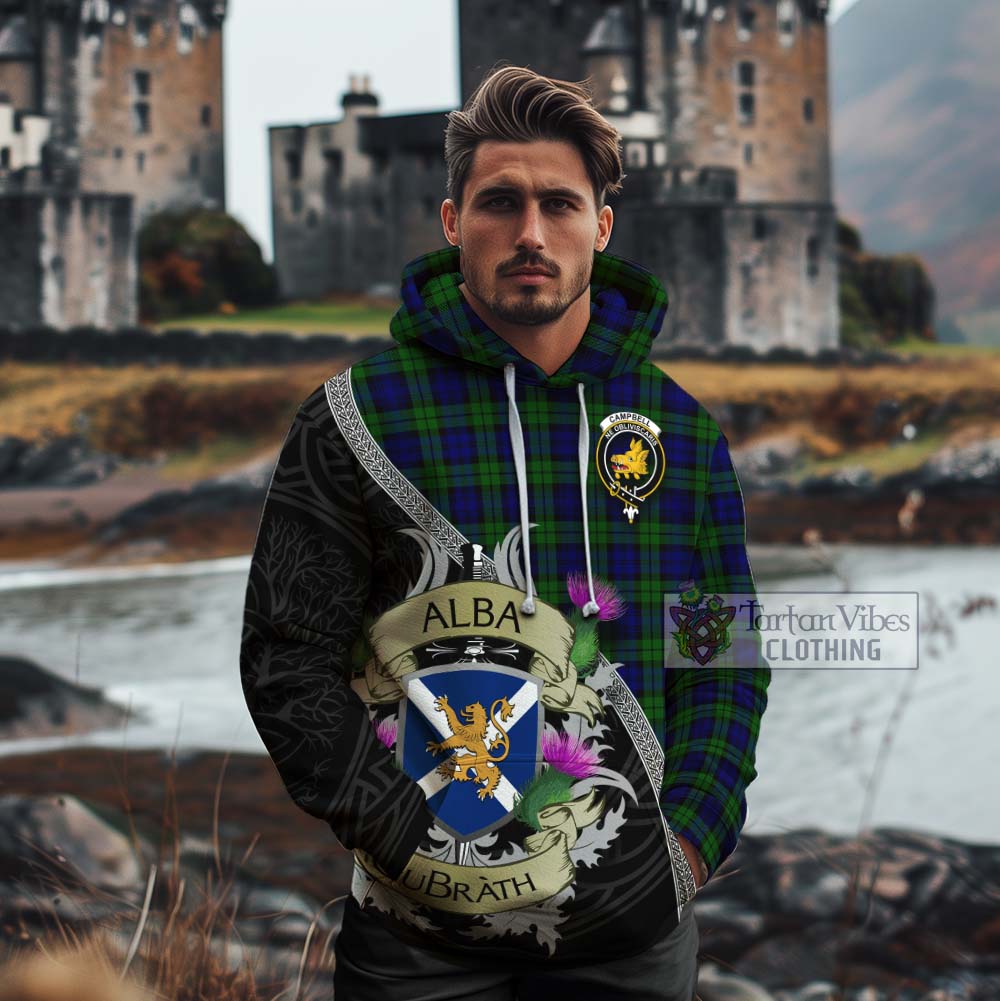 Campbell Tartan Family Crest Cotton Hoodie Lion Rampant Royal Thistle Shield Celtic