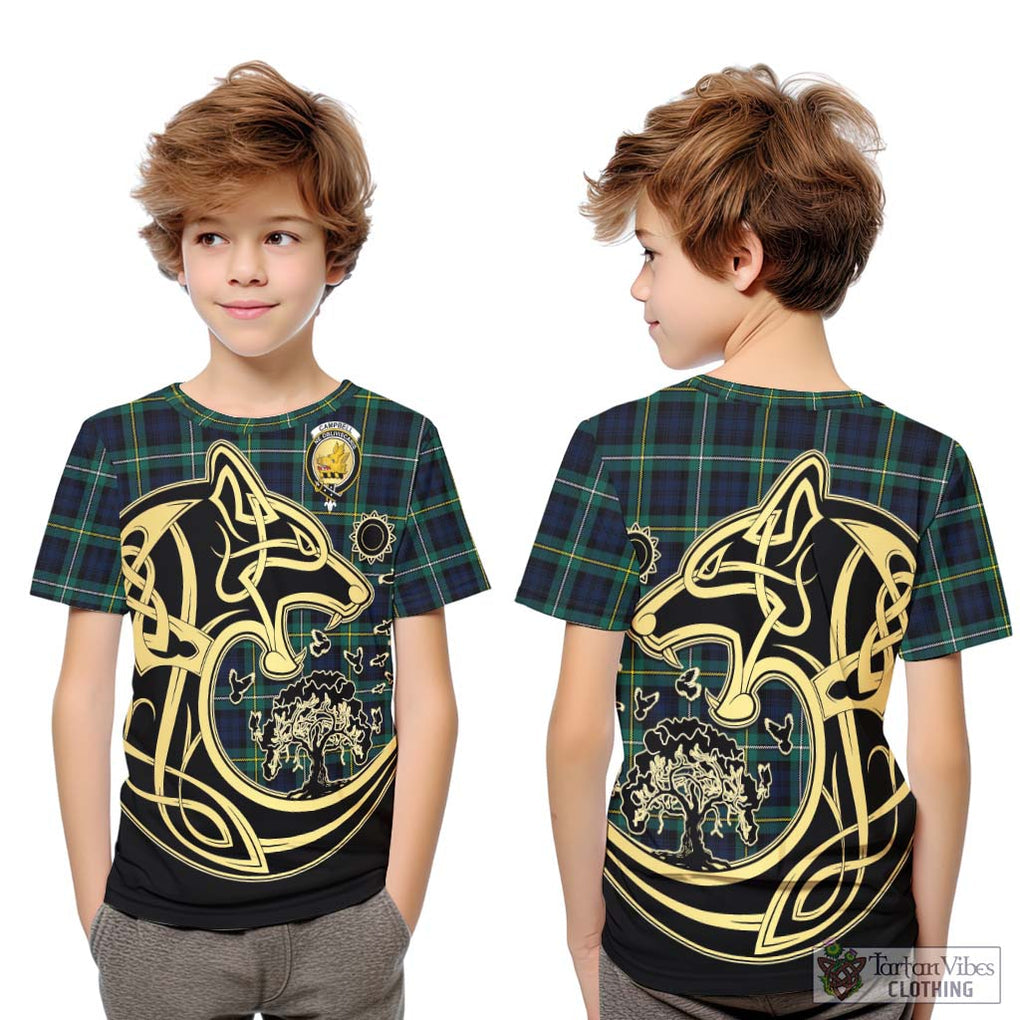 Tartan Vibes Clothing Campbell Argyll Modern #2 Tartan Kid T-Shirt with Family Crest Celtic Wolf Style