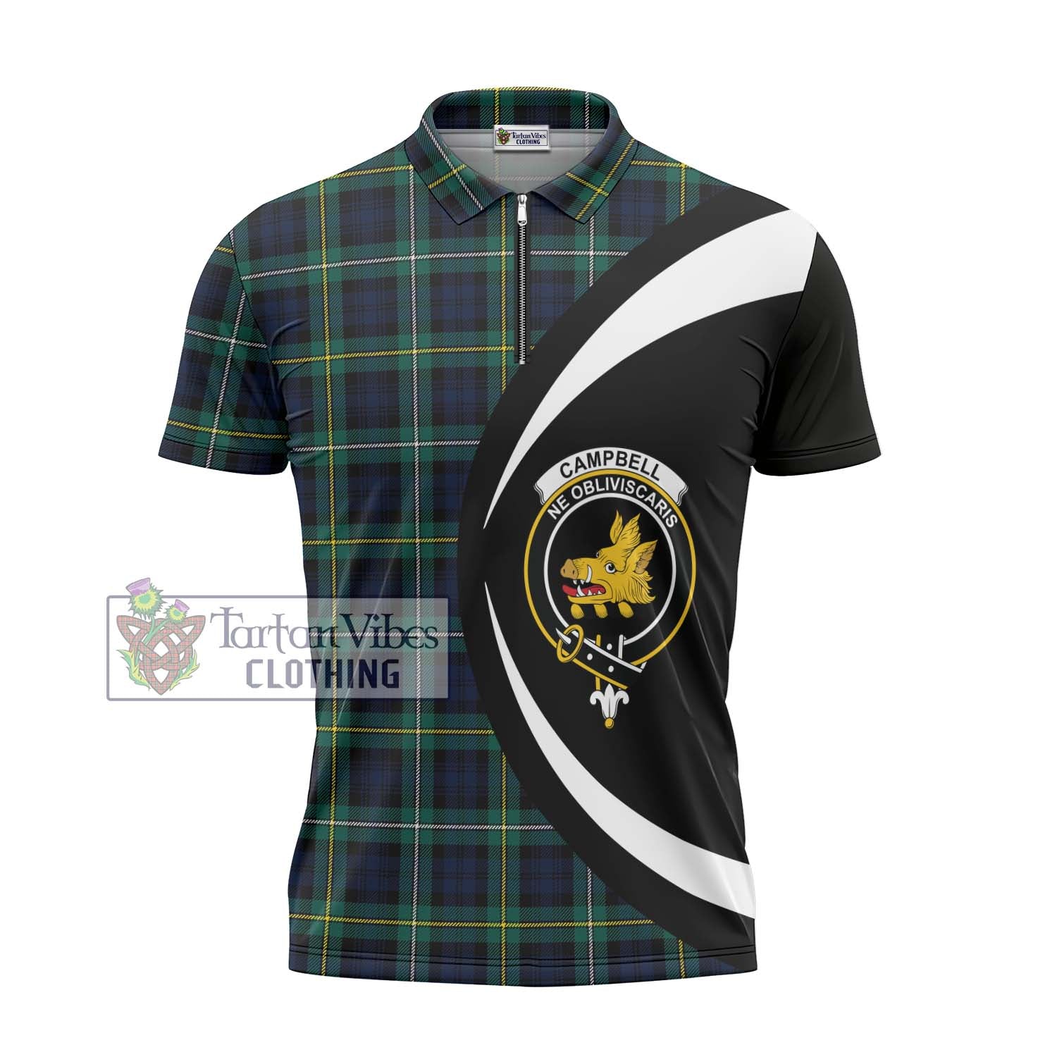 Tartan Vibes Clothing Campbell Argyll Modern #2 Tartan Zipper Polo Shirt with Family Crest Circle Style