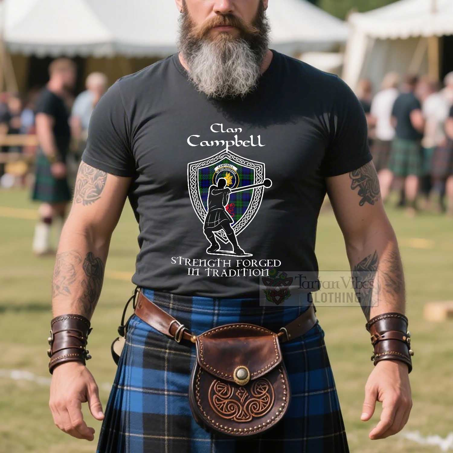 Campbell Clan Crest Highland Games T Shirt Strength Forged In Tradition - Tartan Vibes Clothing