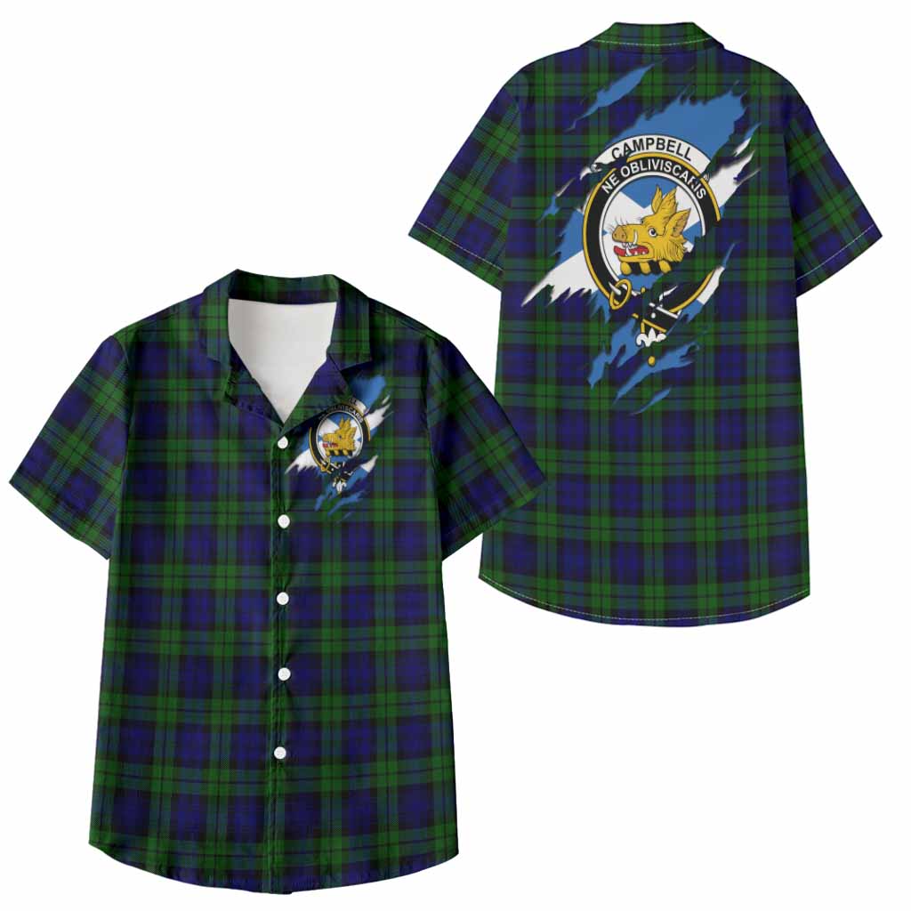 Campbell Clan Crest In Me Tartan Kid Hawaiian Shirt Scotland Flag Style