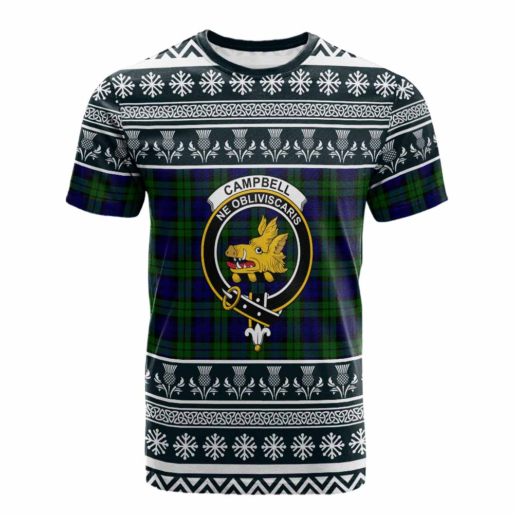 Campbell Clan Tartan Christmas Cotton T-shirt with Family Crest - Tartan Vibes Clothing