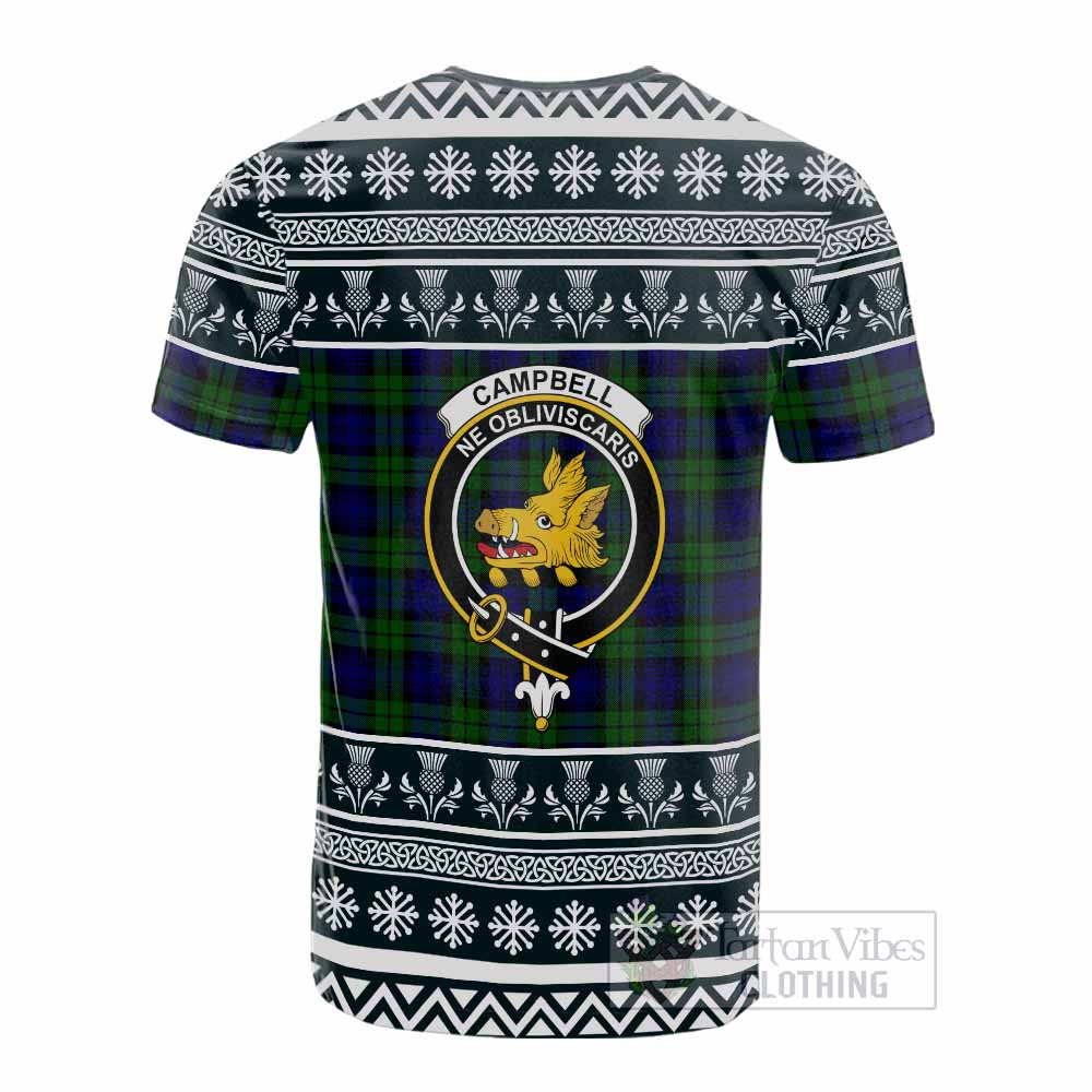 Campbell Clan Tartan Christmas Cotton T-shirt with Family Crest - Tartan Vibes Clothing