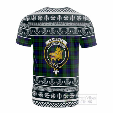 Campbell Clan Tartan Christmas Cotton T-shirt with Family Crest