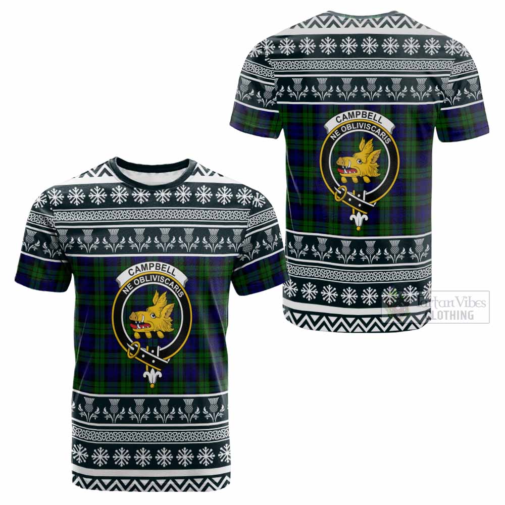Campbell Clan Tartan Christmas Cotton T-shirt with Family Crest - Tartan Vibes Clothing