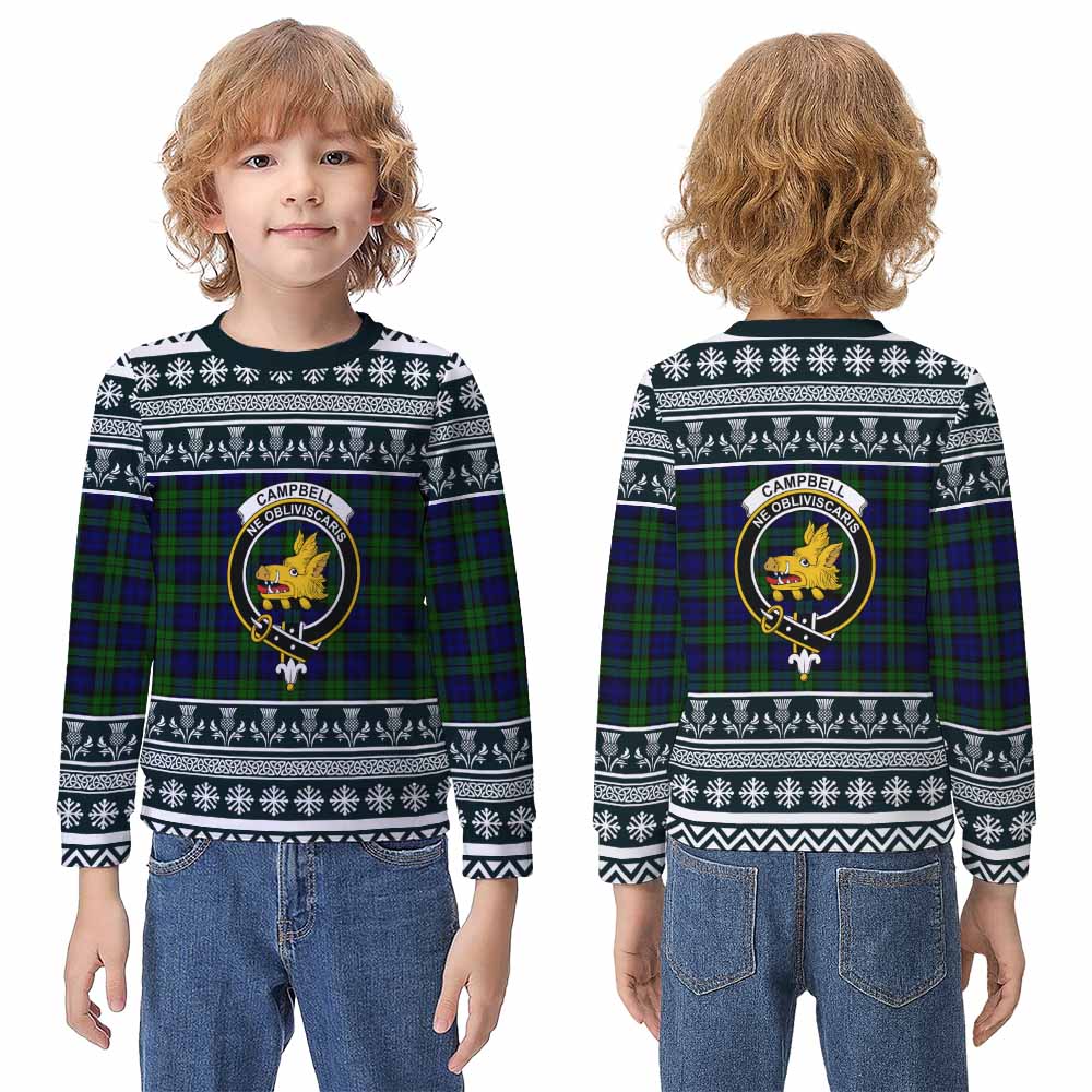 Campbell Clan Tartan Christmas Kid Ugly Sweatshirt with Family Crest - Tartan Vibes Clothing