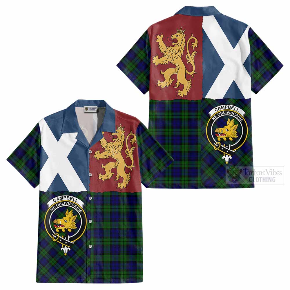 Campbell Crest Tartan Cotton Hawaiian Shirt with Lion Rampant Saltire Style - Tartan Vibes Clothing