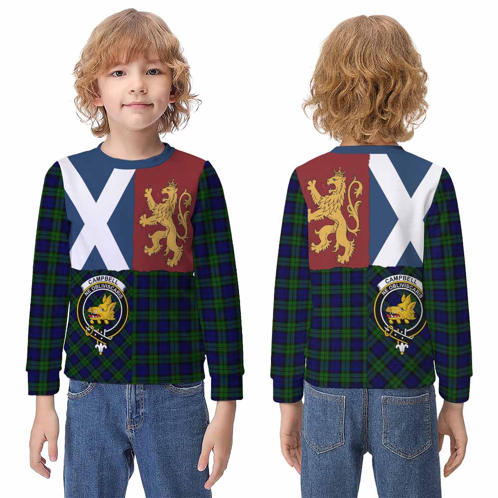Campbell Crest Tartan Kid Knitted Sweatshirt with Lion Rampant Saltire Style - Tartan Vibes Clothing
