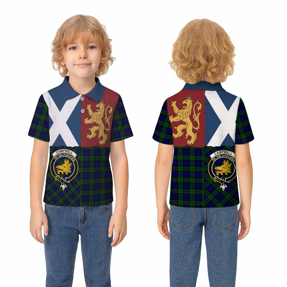 Campbell Crest Tartan Kid Polo Shirt with Lion Rampant Saltire Style - Tartan Vibes Clothing