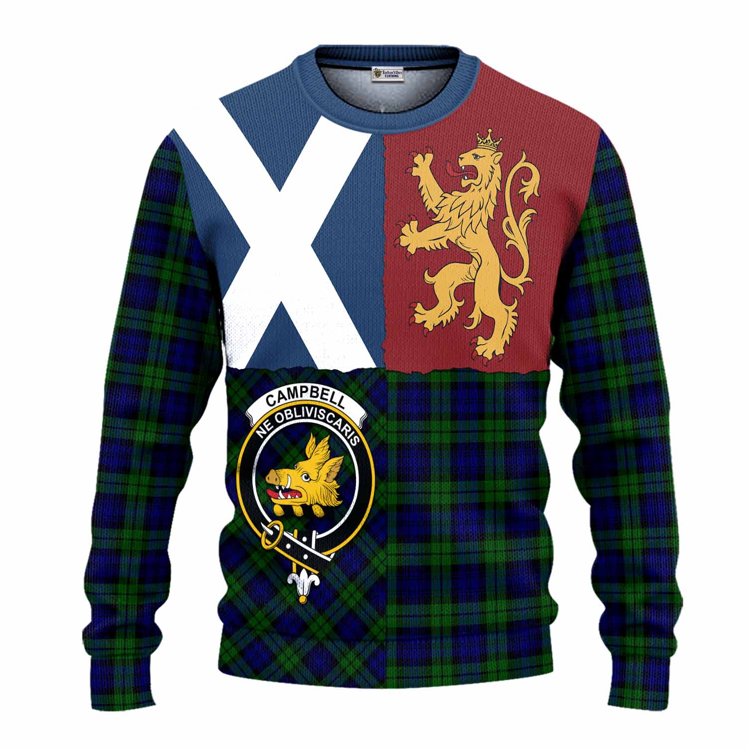 Campbell Crest Tartan Knitted Sweater with Lion Rampant Saltire Style