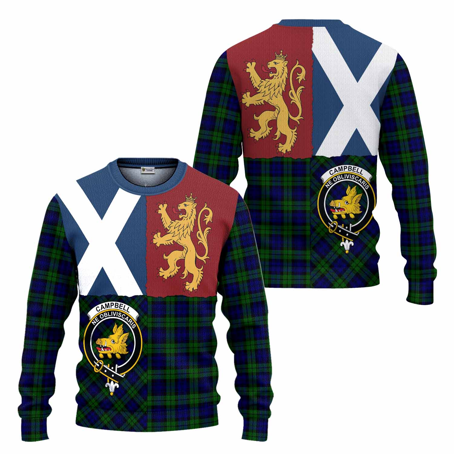 Campbell Crest Tartan Knitted Sweater with Lion Rampant Saltire Style