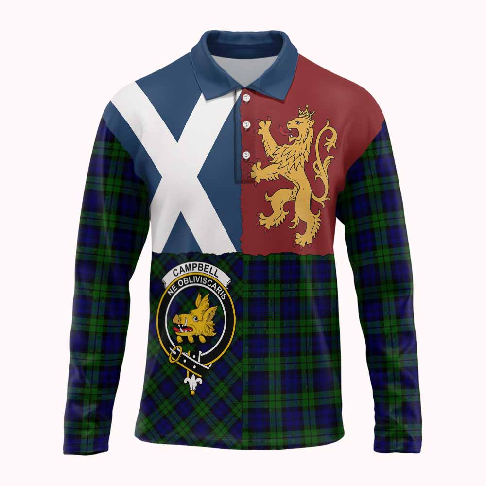 Campbell Crest Tartan Long Sleeve Polo Shirt with Lion Rampant Saltire Style