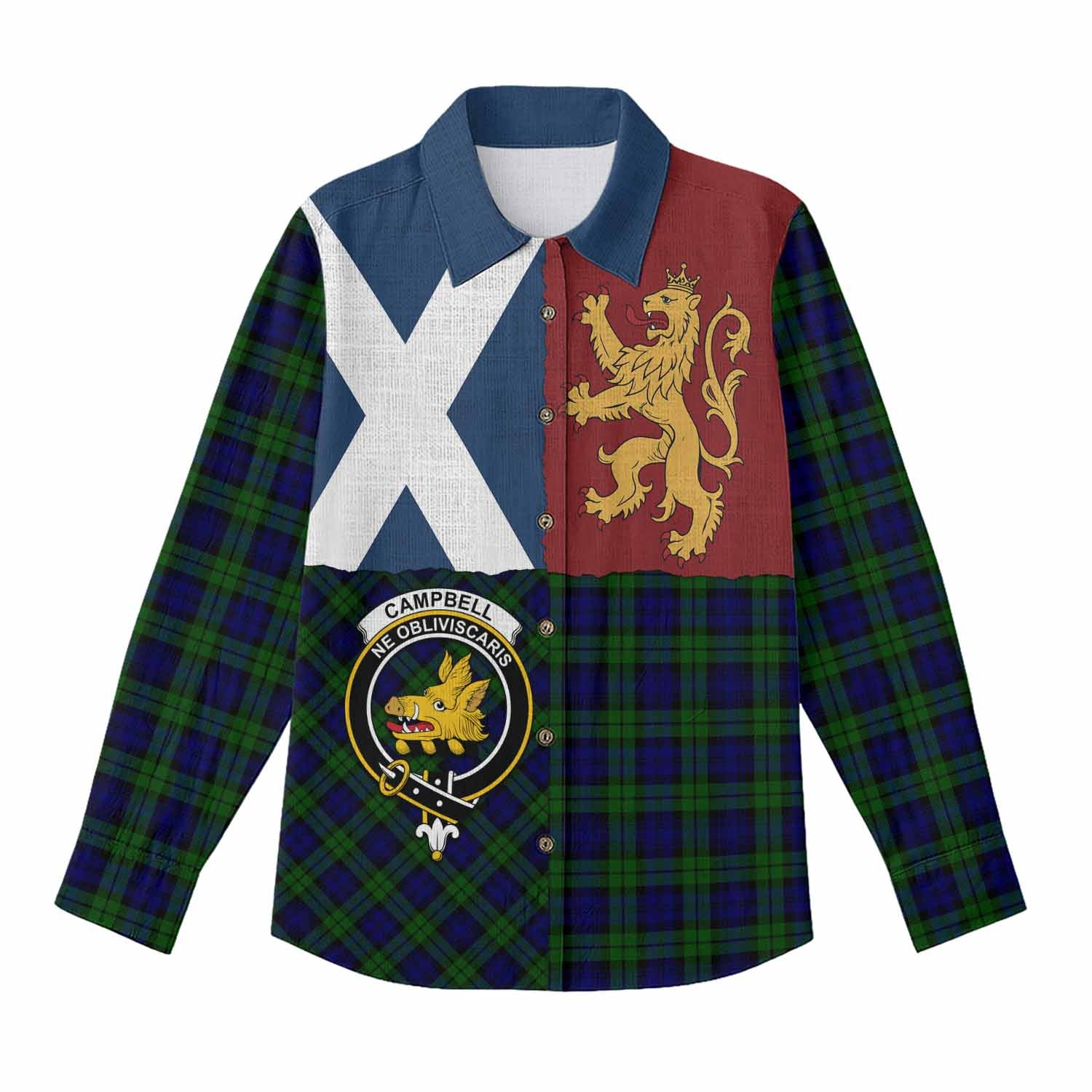 Campbell Crest Tartan Women Casual Shirt with Lion Rampant Saltire Style