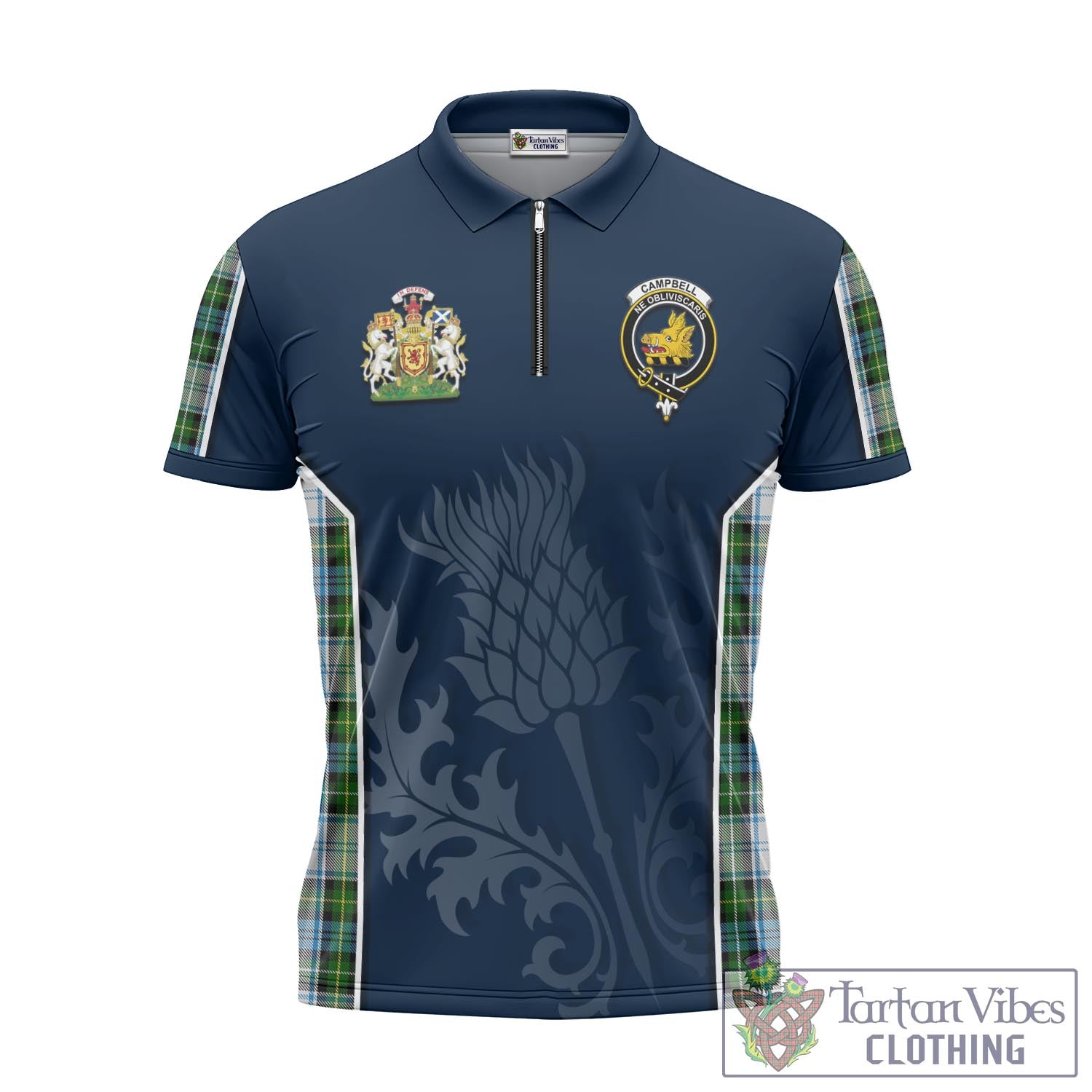 Tartan Vibes Clothing Campbell Dress Tartan Zipper Polo Shirt with Family Crest and Scottish Thistle Vibes Sport Style