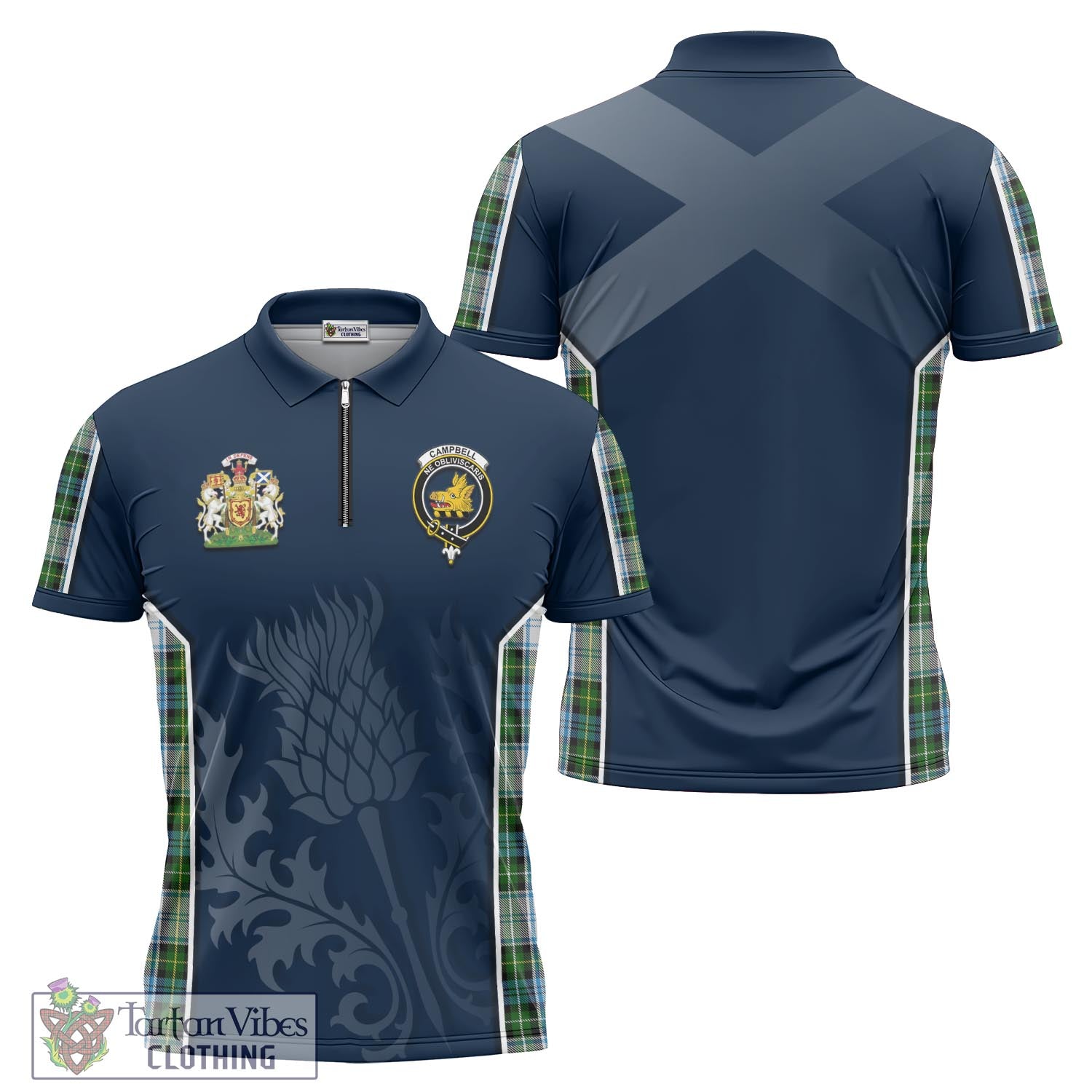 Tartan Vibes Clothing Campbell Dress Tartan Zipper Polo Shirt with Family Crest and Scottish Thistle Vibes Sport Style