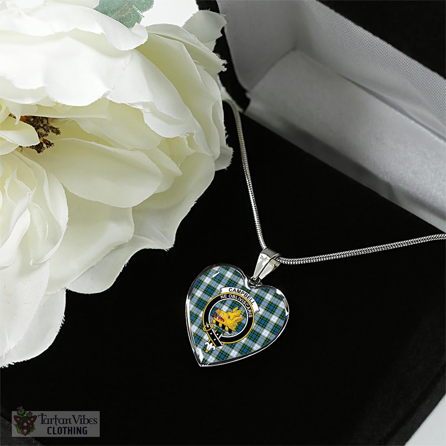 Tartan Vibes Clothing Campbell Dress Tartan Heart Necklace with Family Crest