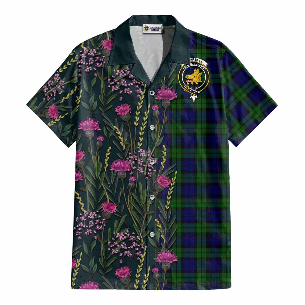 Campbell Family Crest Tartan Cotton Hawaiian Shirt Scottish Thistle Flower Pattern Half Style - Tartan Vibes Clothing
