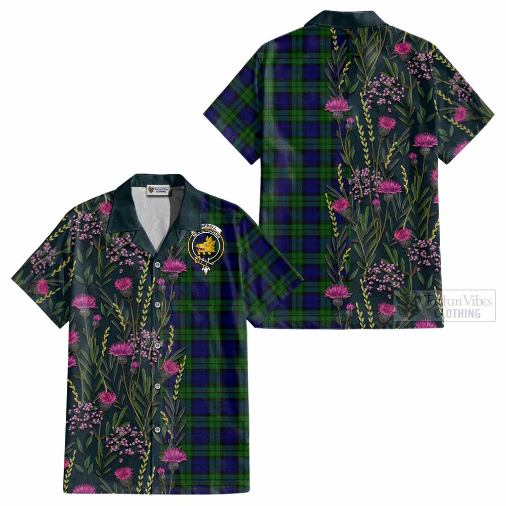 Campbell Family Crest Tartan Cotton Hawaiian Shirt Scottish Thistle Flower Pattern Half Style - Tartan Vibes Clothing