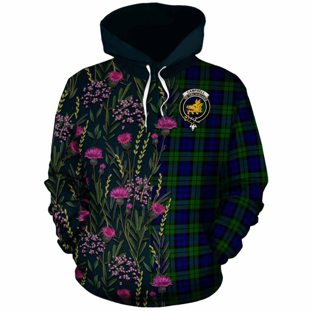 Campbell Family Crest Tartan Cotton Hoodie Scottish Thistle Flower Pattern Half Style - Tartan Vibes Clothing