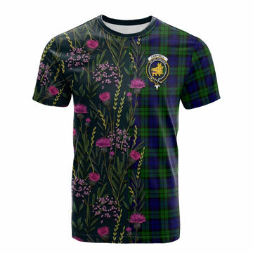 Campbell Family Crest Tartan Cotton T-shirt Scottish Thistle Flower Pattern Half Style