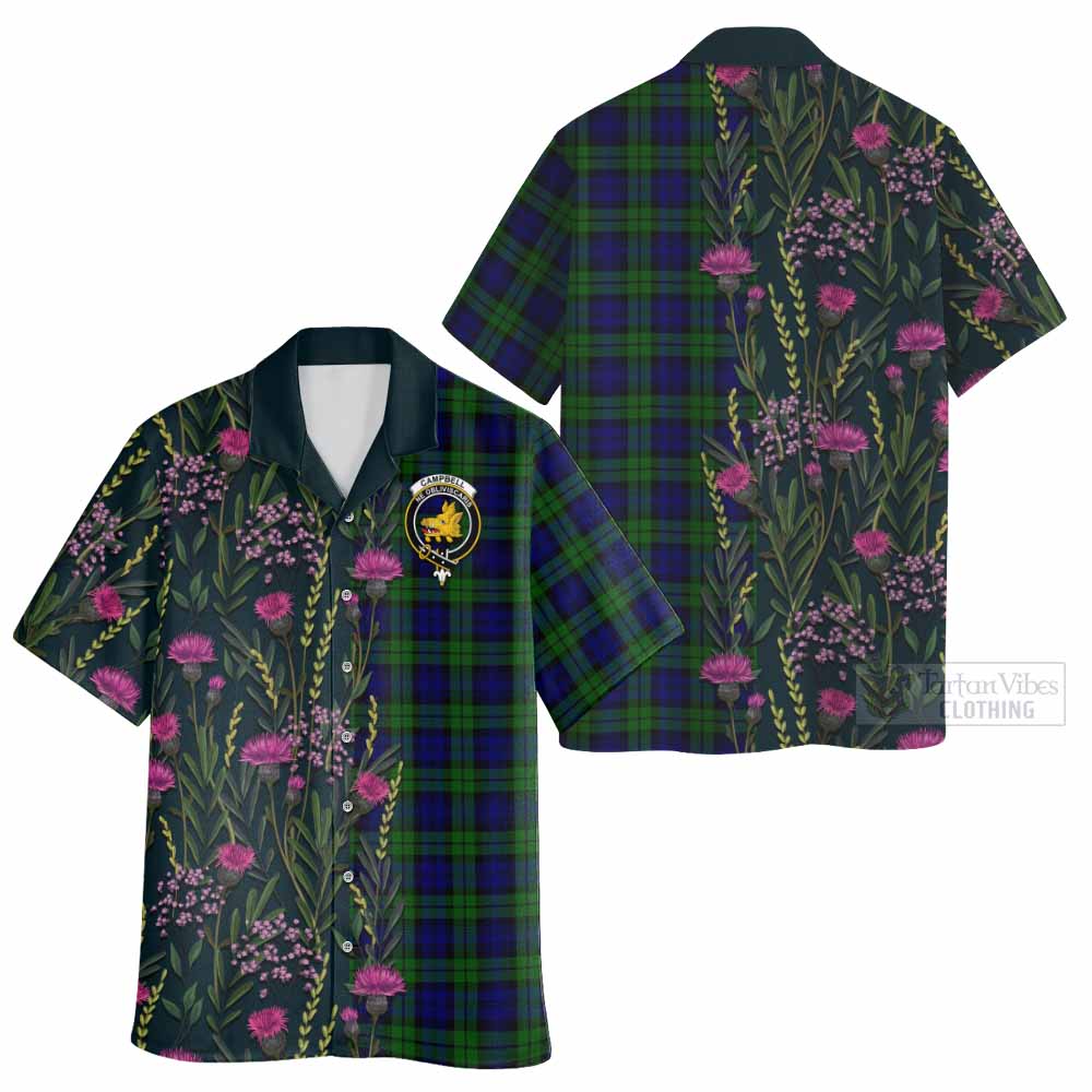 Campbell Family Crest Tartan Hawaiian Shirt Scottish Thistle Flower Pattern Half Style - Tartan Vibes Clothing