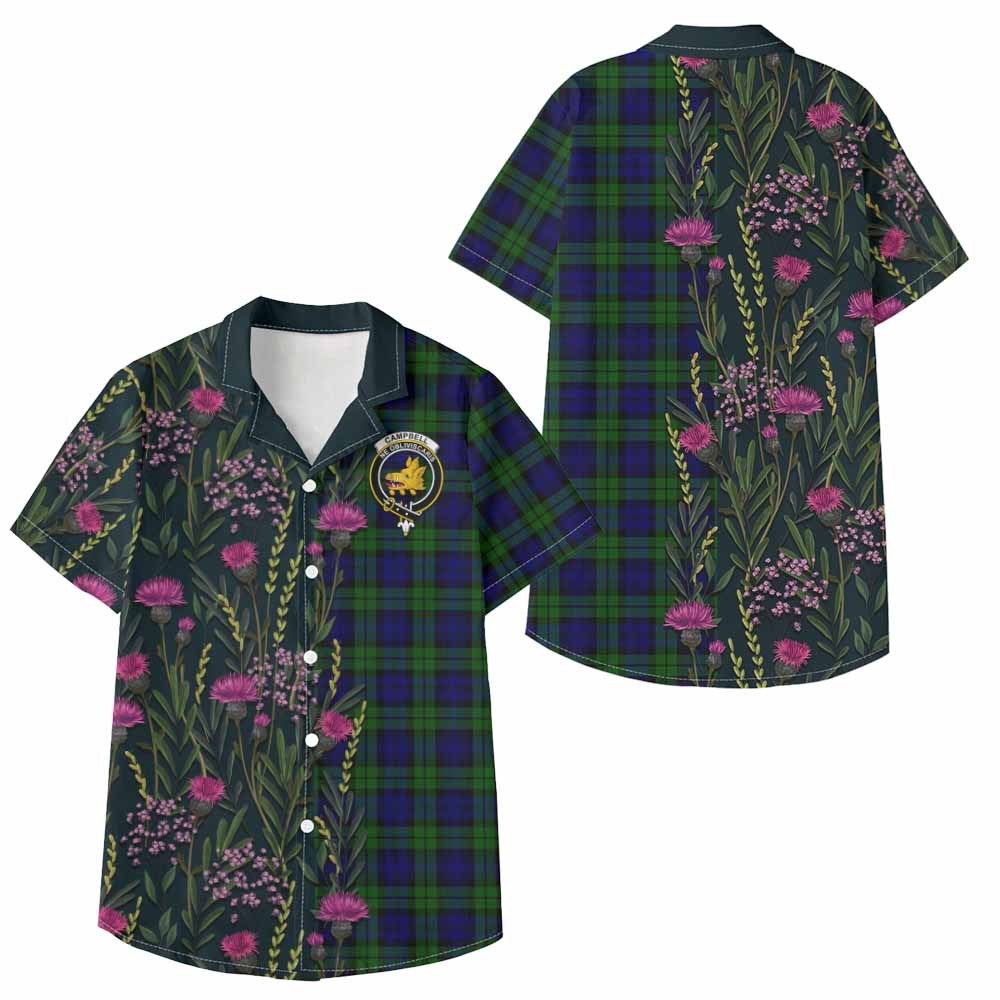 Campbell Family Crest Tartan Kid Hawaiian Shirt Scottish Thistle Flower Pattern Half Style - Tartan Vibes Clothing