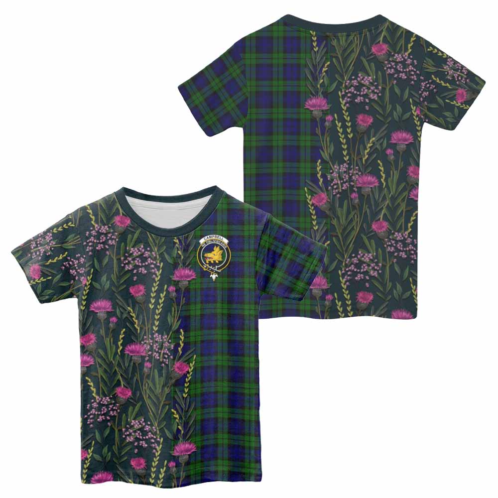 Campbell Family Crest Tartan Kid T-shirt Scottish Thistle Flower Pattern Half Style - Tartan Vibes Clothing